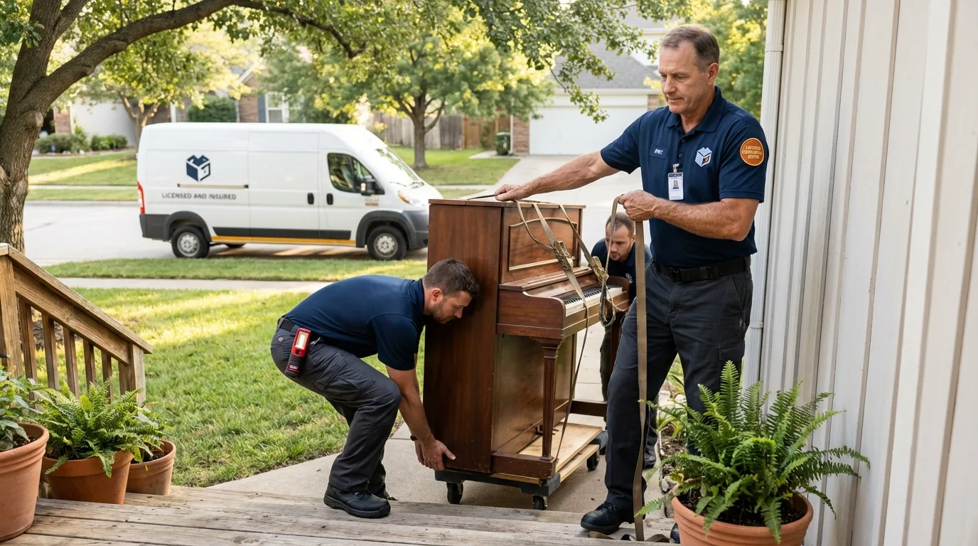 Licensed piano movers securing grand piano in New Baltimore, MI
