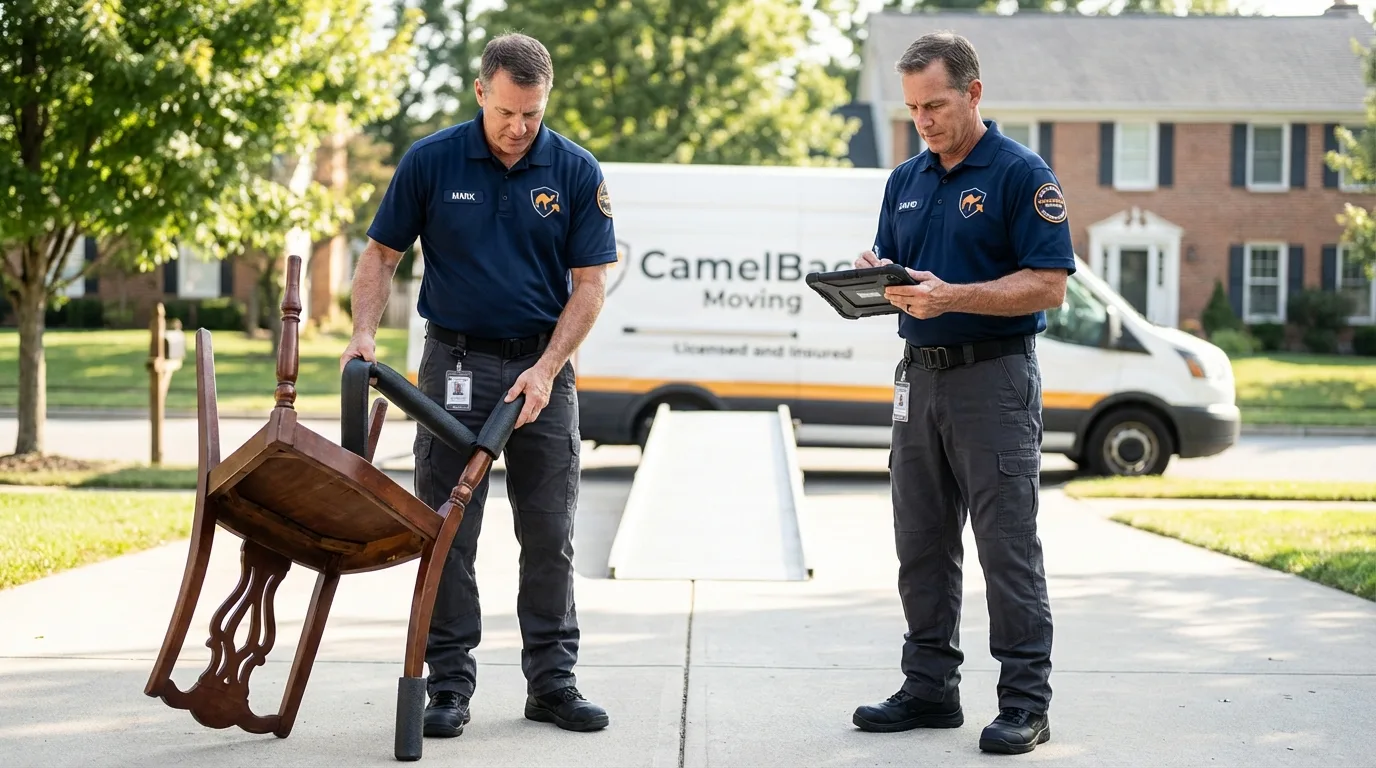 Movers inspecting furniture for damage prevention before loading in New Baltimore, MI