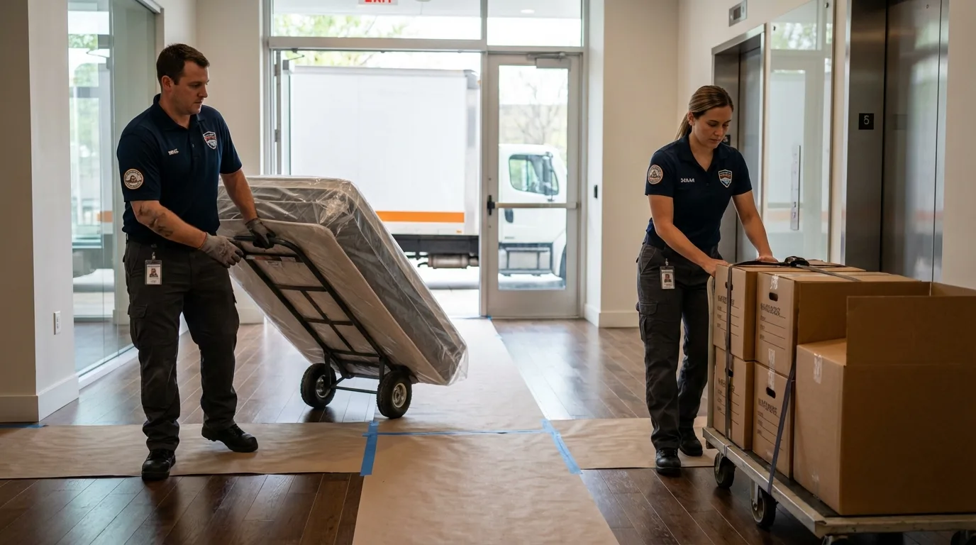 Professional apartment movers loading elevator in New Baltimore, MI